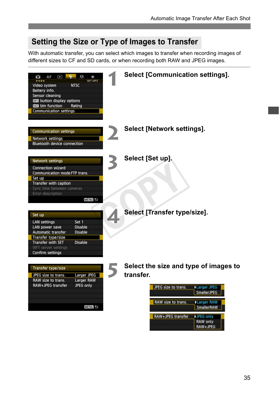 Setting the size or type of images to transfer, Cop y | Canon Wireless File Transmitter WFT-E7A User Manual | Page 35 / 126