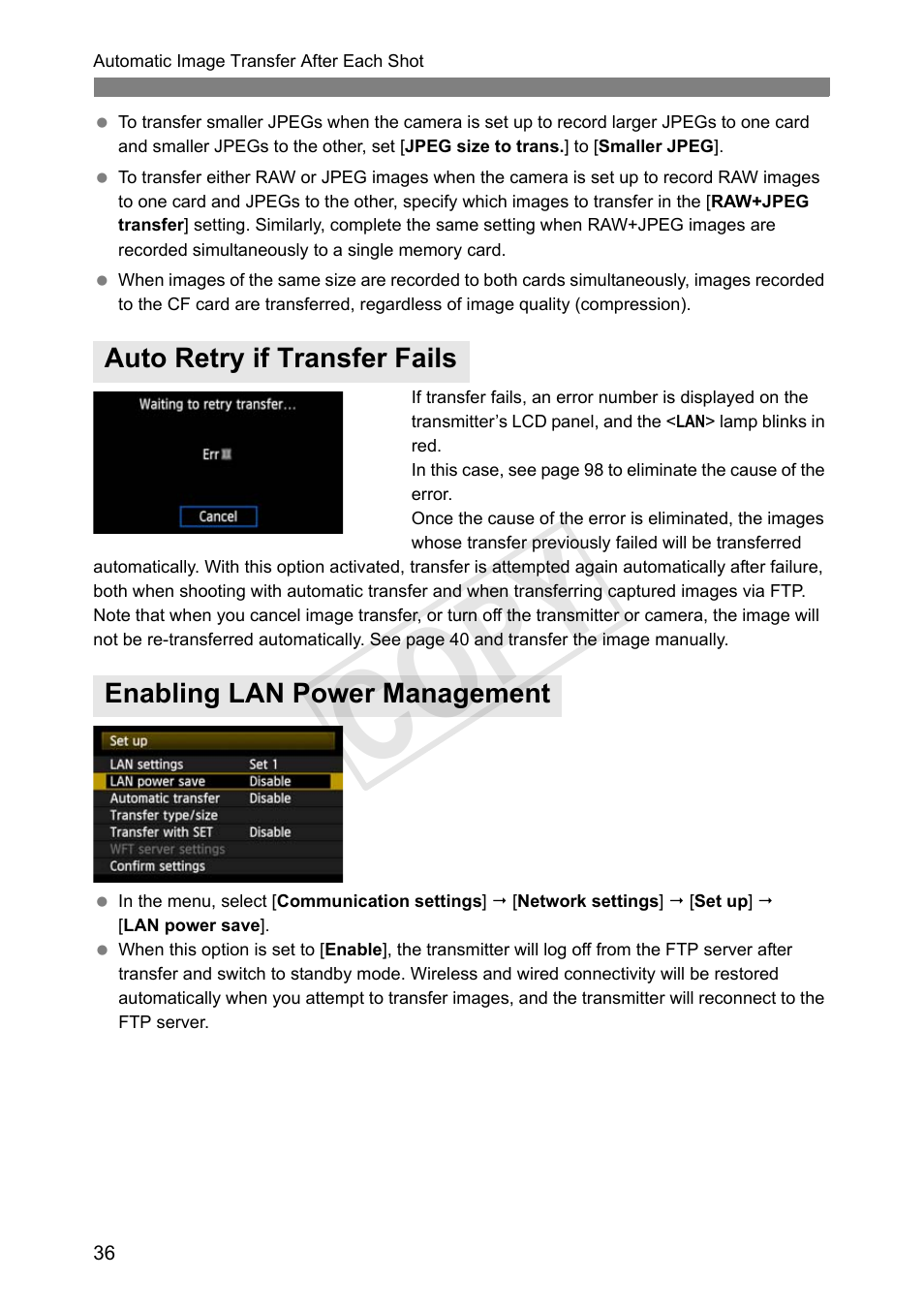 Auto retry if transfer fails, Enabling lan power management, Cop y | Canon Wireless File Transmitter WFT-E7A User Manual | Page 36 / 126