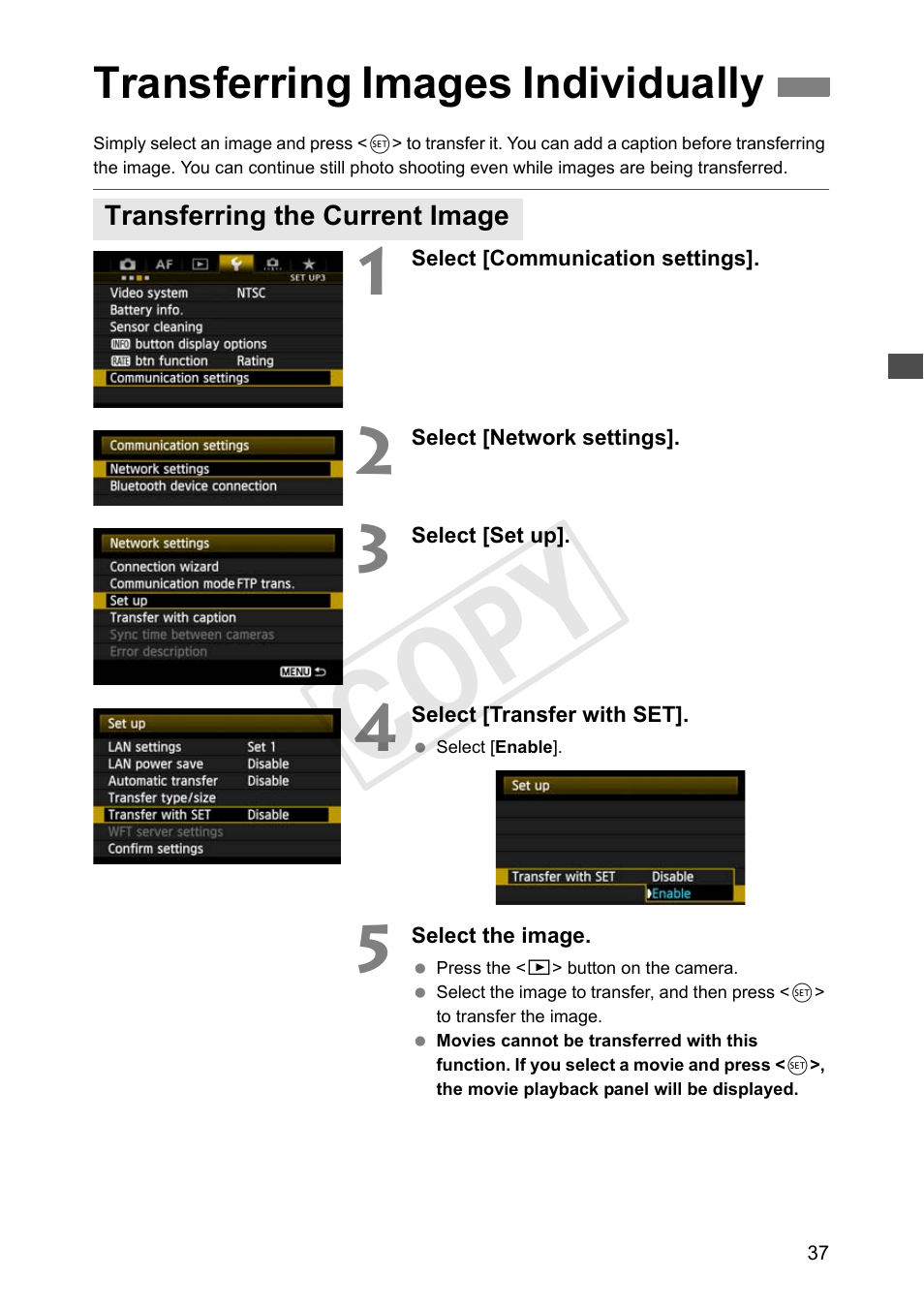 Transferring images individually, Transferring the current image, Cop y | Canon Wireless File Transmitter WFT-E7A User Manual | Page 37 / 126