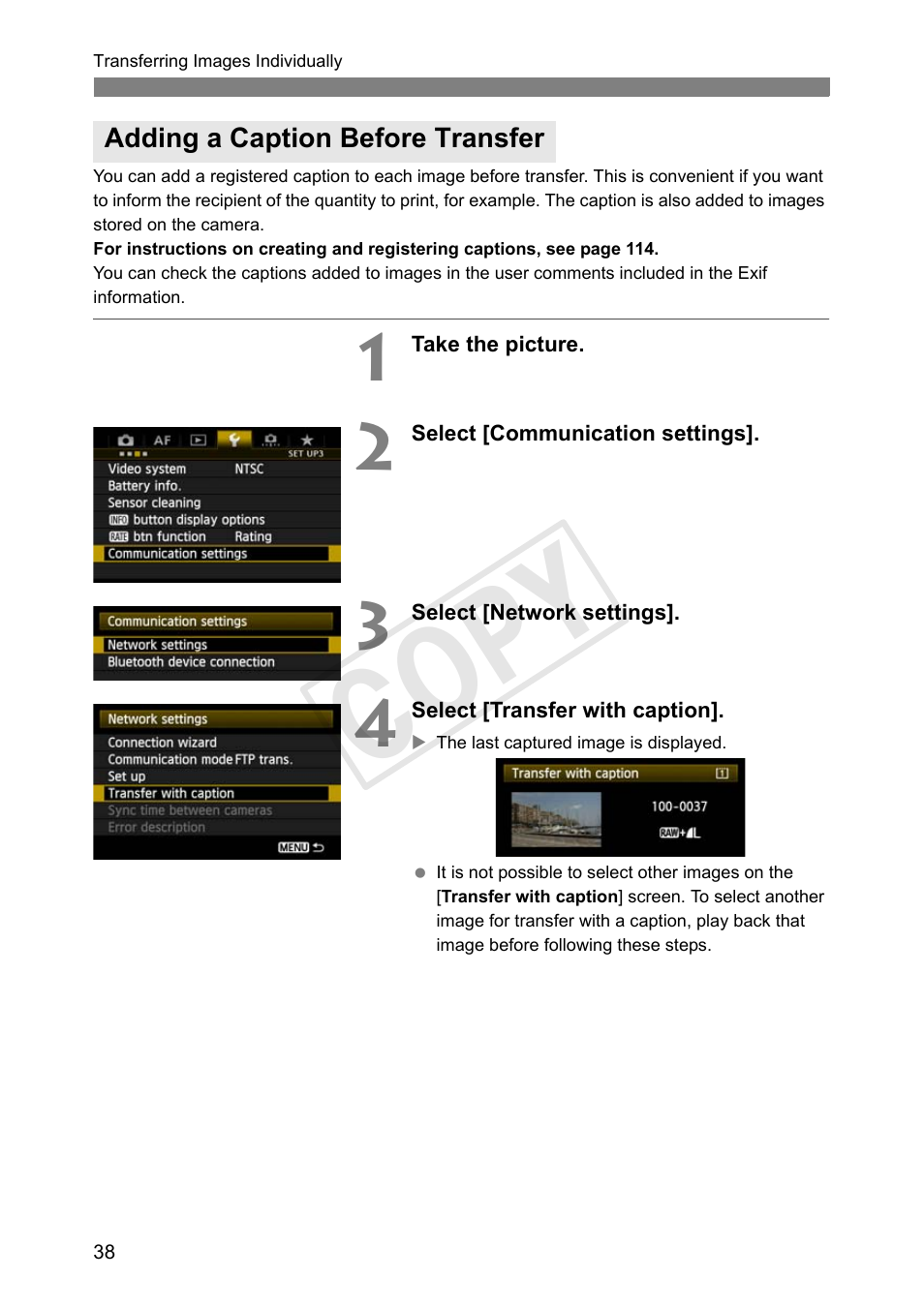 Adding a caption before transfer, Cop y | Canon Wireless File Transmitter WFT-E7A User Manual | Page 38 / 126