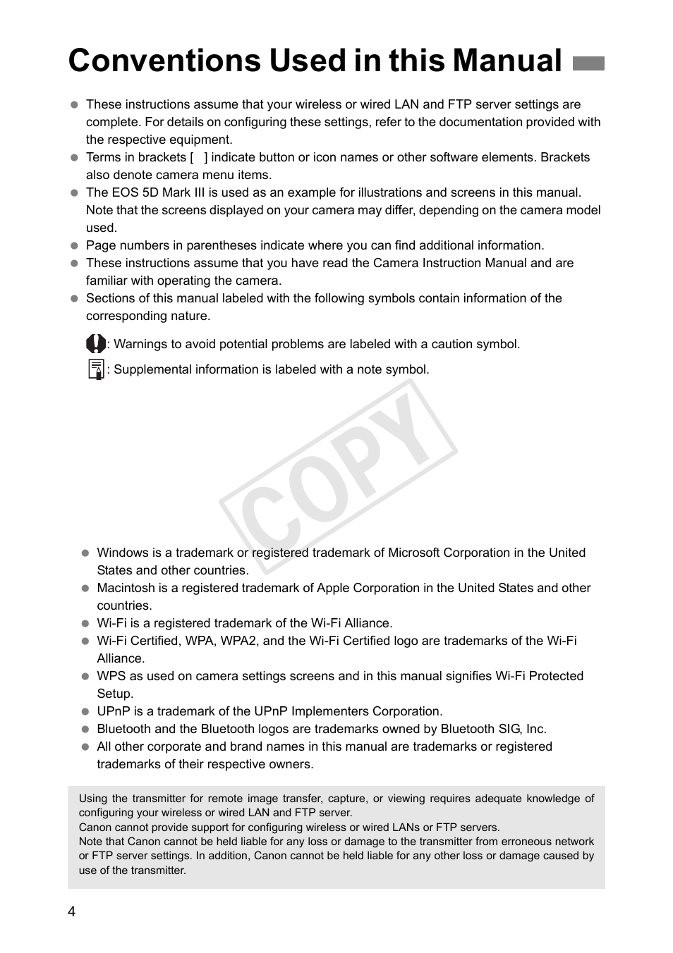 Conventions used in this manual, Cop y | Canon Wireless File Transmitter WFT-E7A User Manual | Page 4 / 126