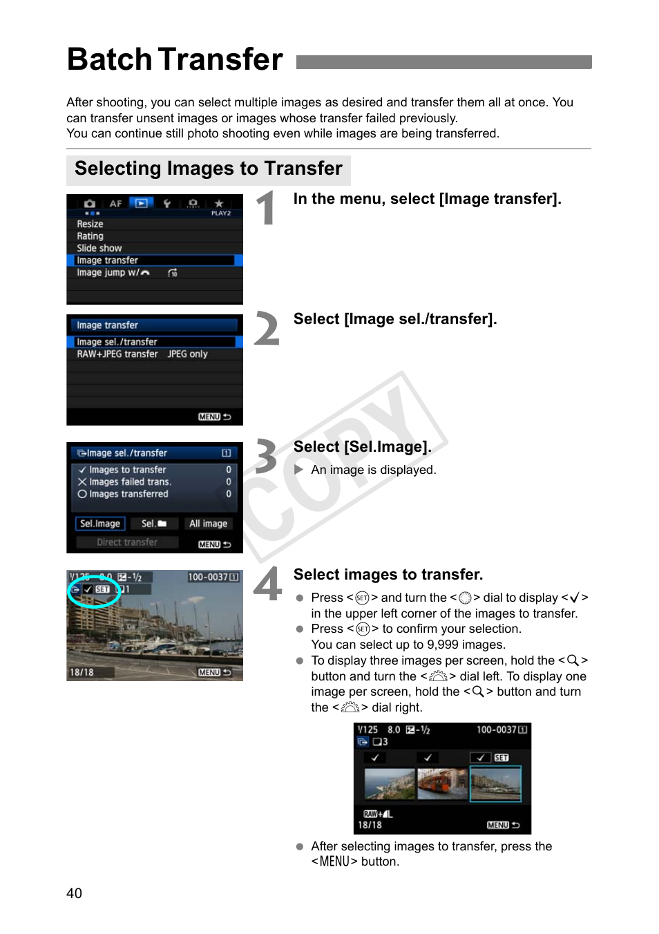 Batch transfer, Selecting images to transfer, Cop y | Canon Wireless File Transmitter WFT-E7A User Manual | Page 40 / 126