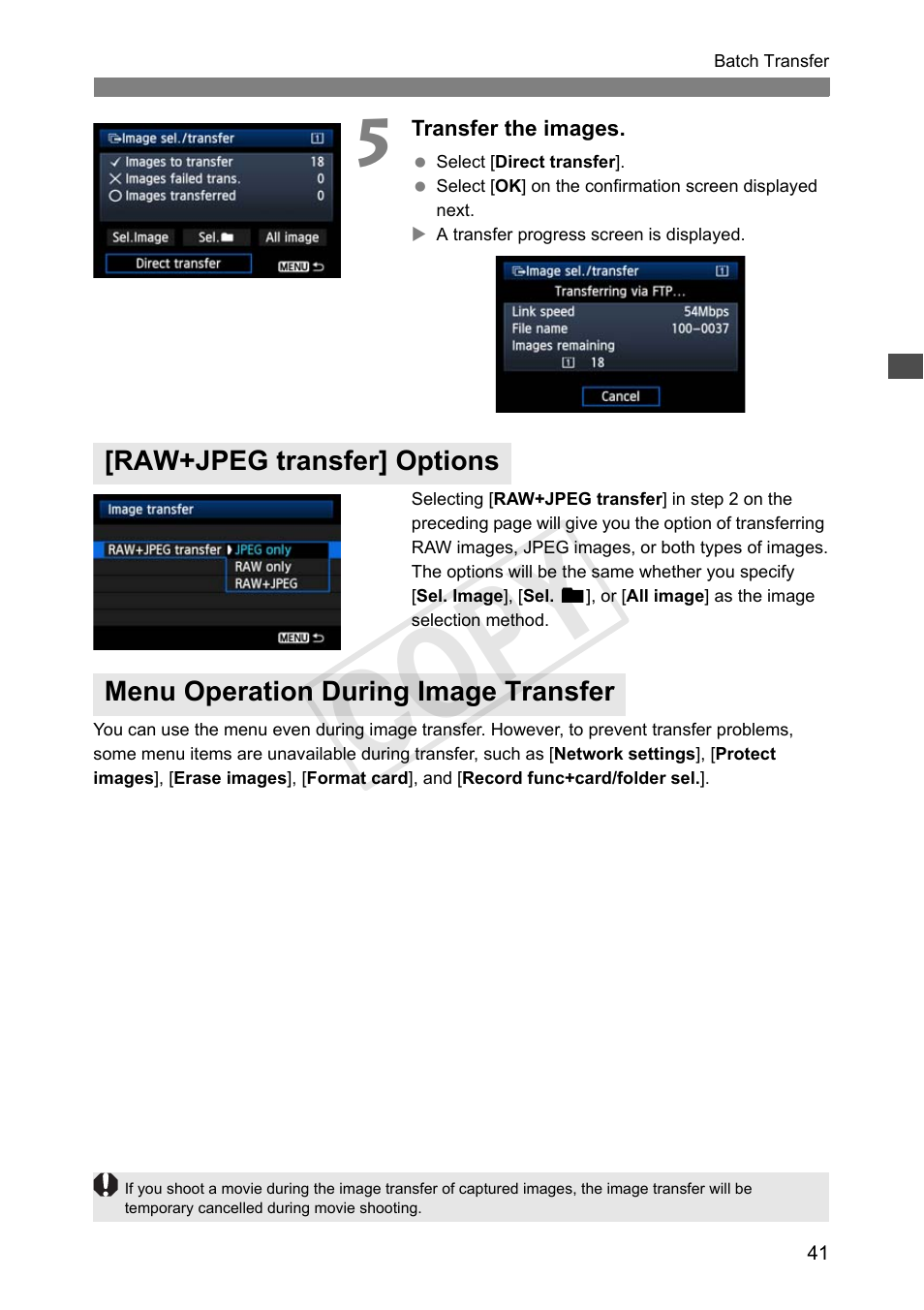 Raw+jpeg transfer] options, Menu operation during image transfer, Cop y | Canon Wireless File Transmitter WFT-E7A User Manual | Page 41 / 126