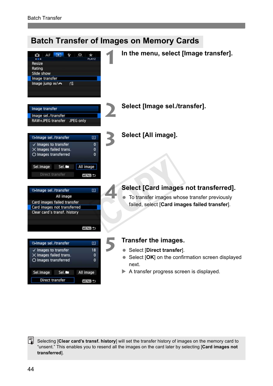 Batch transfer of images on memory cards, Cop y | Canon Wireless File Transmitter WFT-E7A User Manual | Page 44 / 126