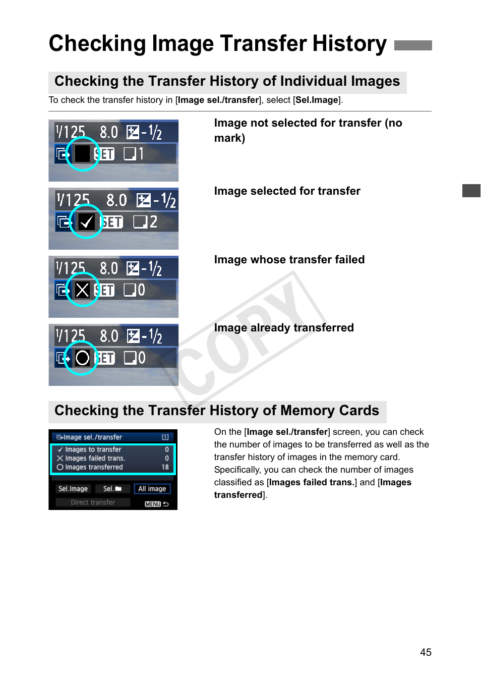 Checking image transfer history, Checking the transfer history of individual images, Checking the transfer history of memory cards | Cop y | Canon Wireless File Transmitter WFT-E7A User Manual | Page 45 / 126