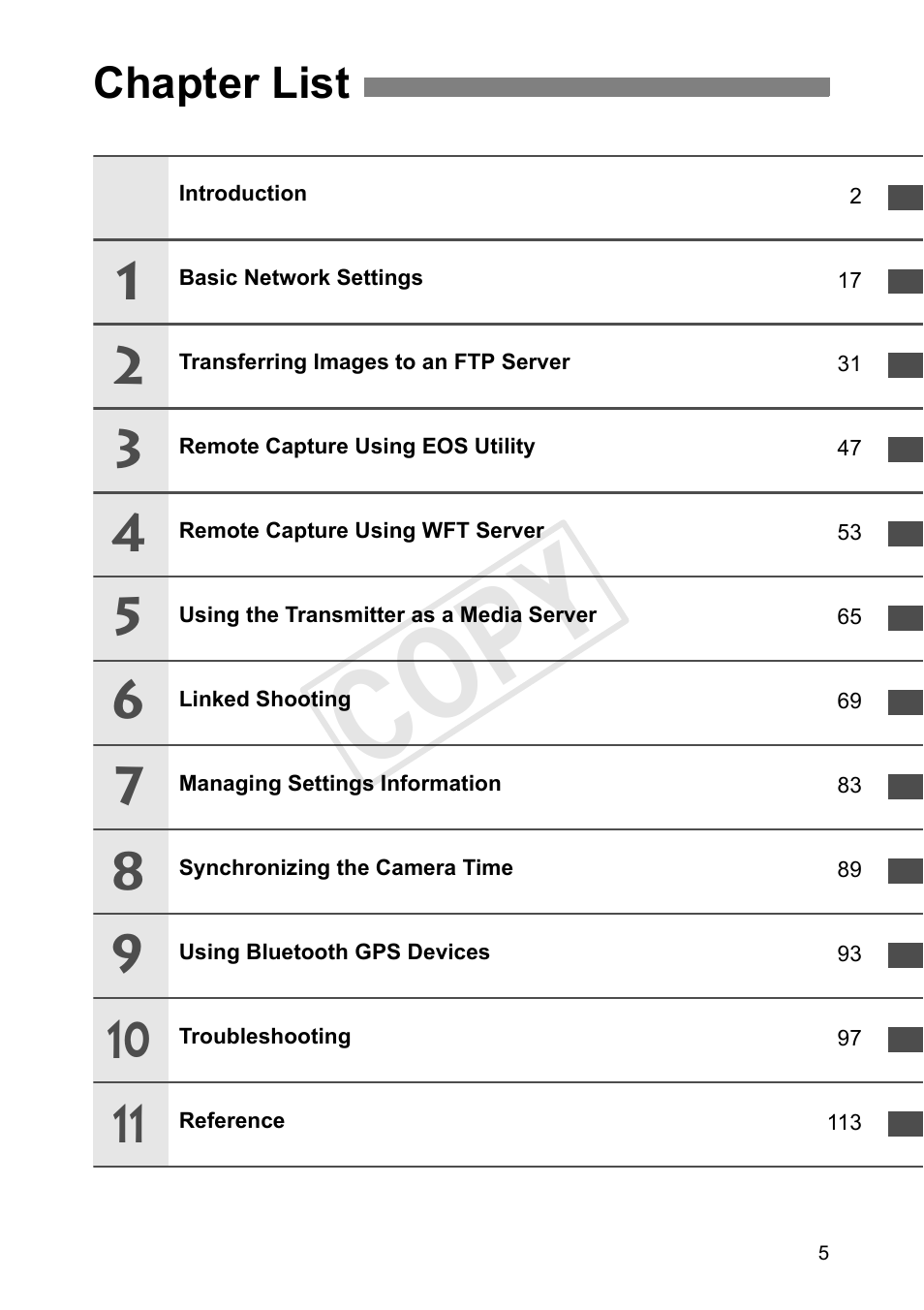 Chapter list, Cop y | Canon Wireless File Transmitter WFT-E7A User Manual | Page 5 / 126