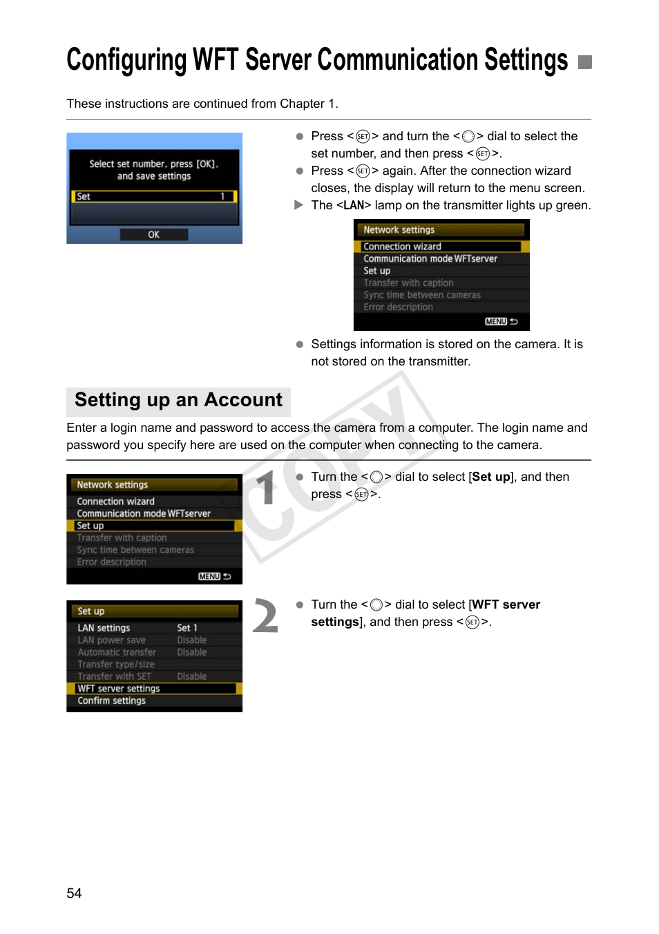 Configuring wft server communication settings, Setting up an account, Cop y | Canon Wireless File Transmitter WFT-E7A User Manual | Page 54 / 126