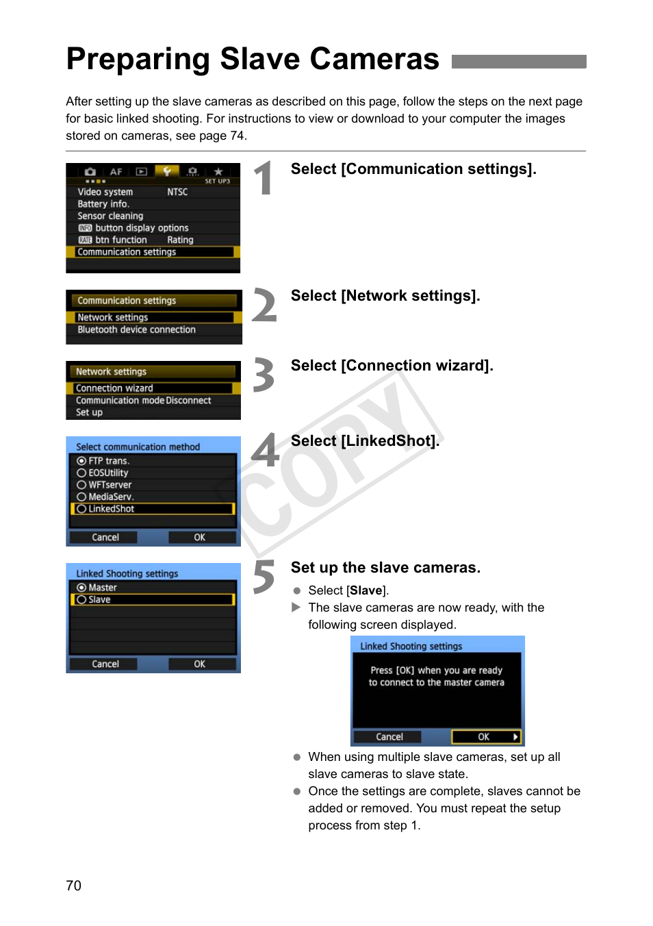 Preparing slave cameras, Cop y | Canon Wireless File Transmitter WFT-E7A User Manual | Page 70 / 126