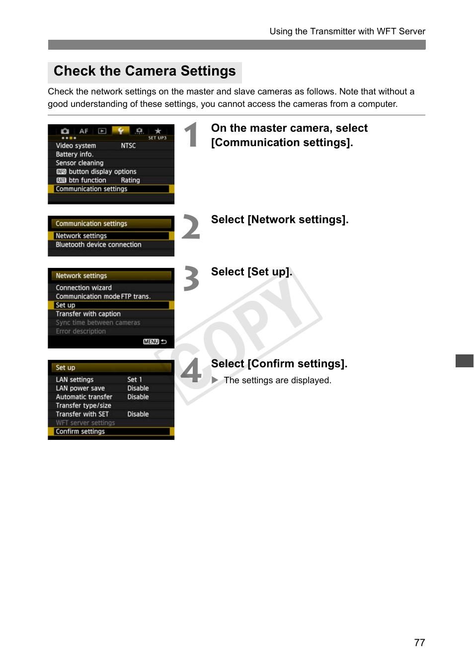 Check the camera settings, Cop y | Canon Wireless File Transmitter WFT-E7A User Manual | Page 77 / 126