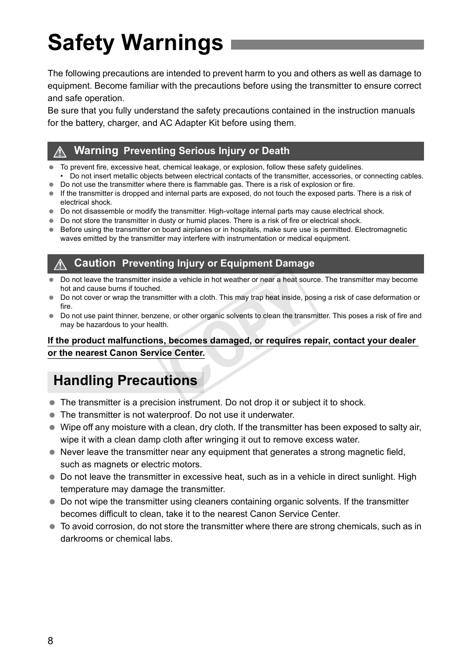 Safety warnings, Handling precautions, Cop y | Canon Wireless File Transmitter WFT-E7A User Manual | Page 8 / 126