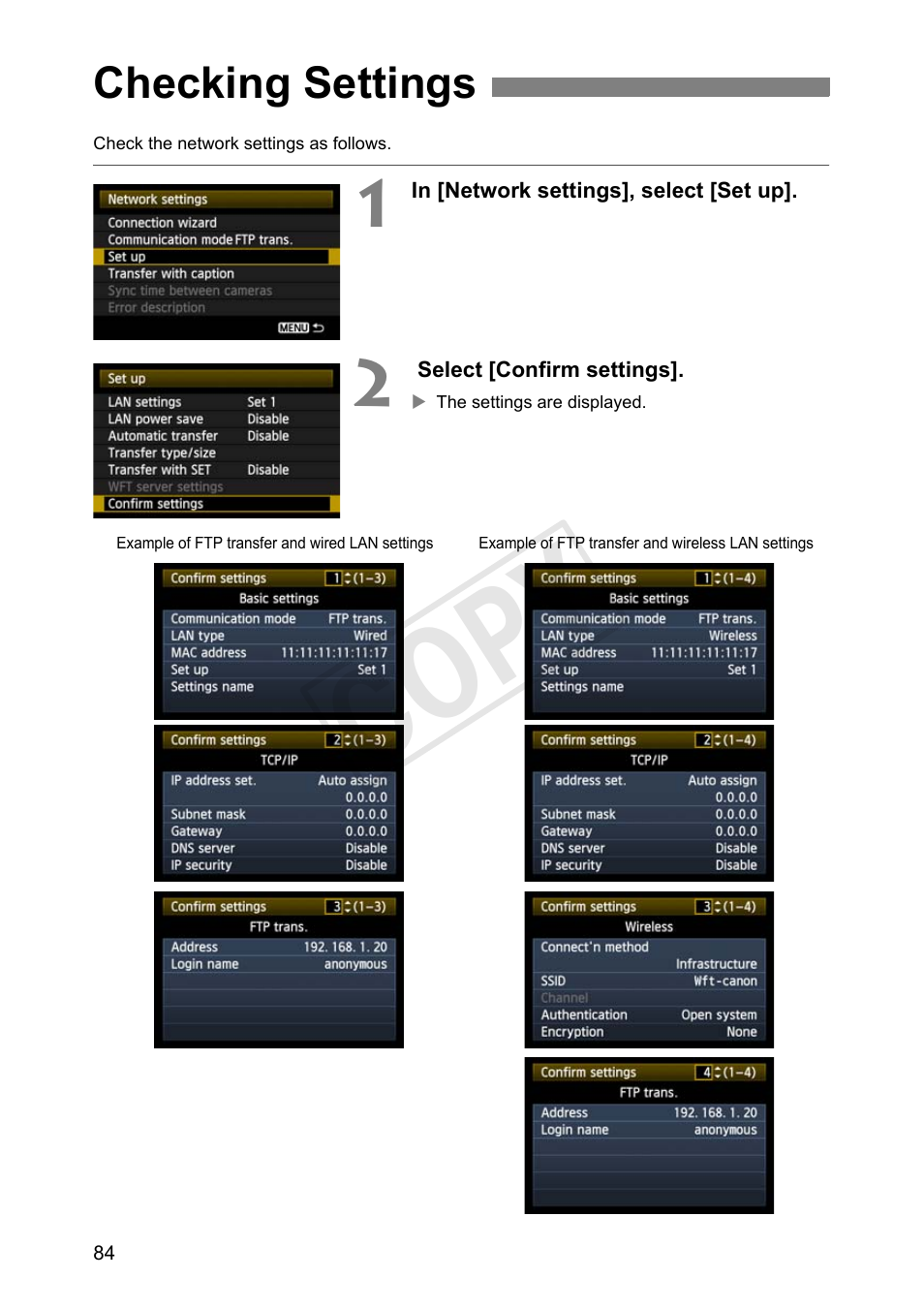 Checking settings, Cop y | Canon Wireless File Transmitter WFT-E7A User Manual | Page 84 / 126