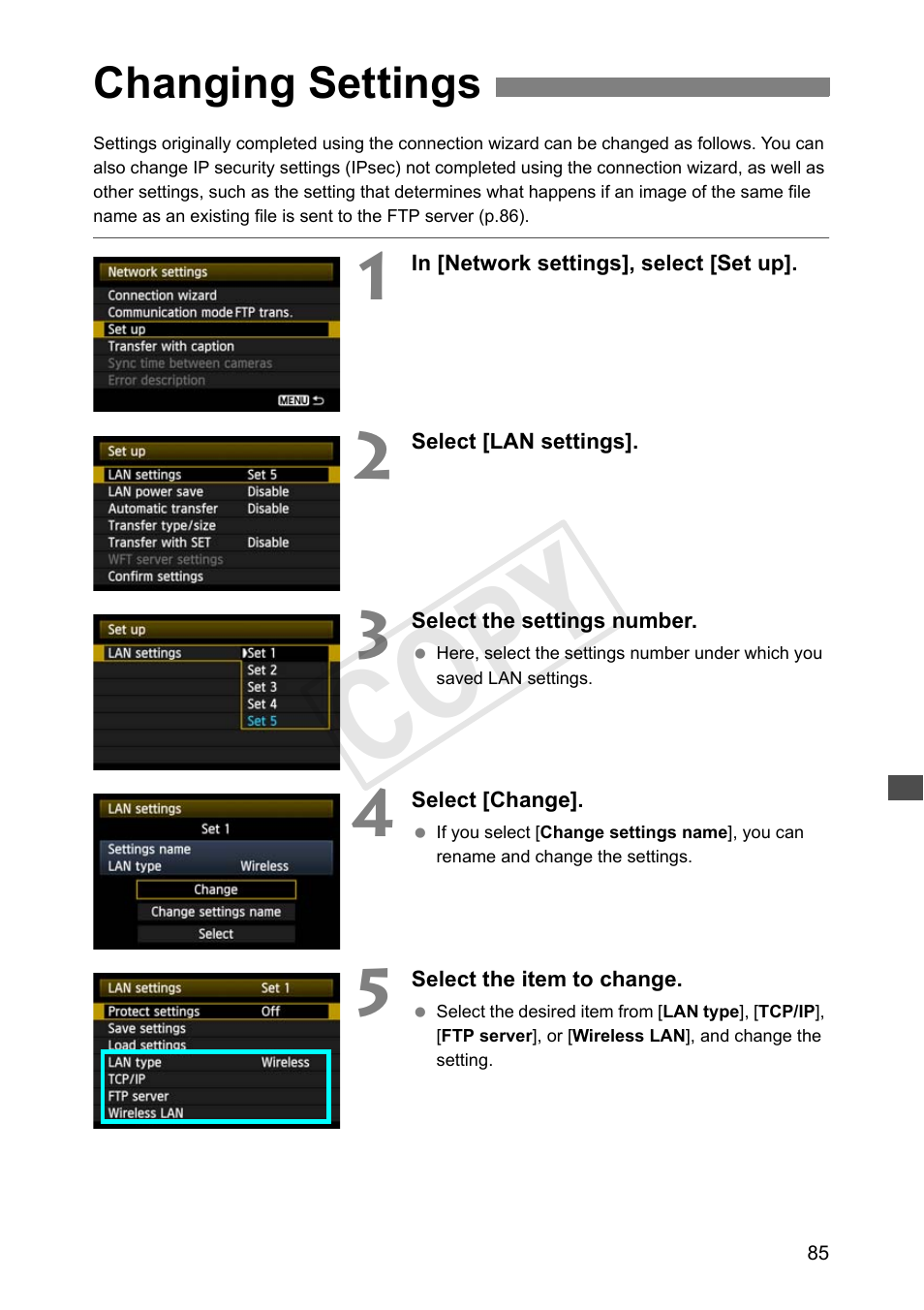 Changing settings, Cop y | Canon Wireless File Transmitter WFT-E7A User Manual | Page 85 / 126