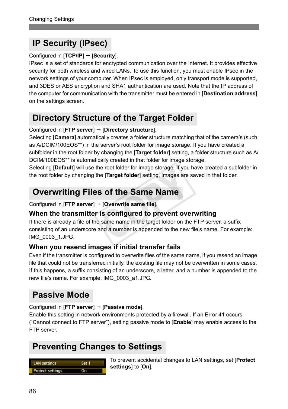 Ip security (ipsec), Directory structure of the target folder, Overwriting files of the same name | Passive mode, Preventing changes to settings, Cop y | Canon Wireless File Transmitter WFT-E7A User Manual | Page 86 / 126