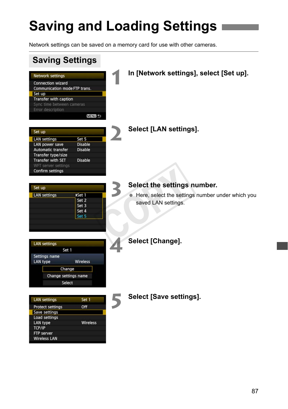 Saving and loading settings, Saving settings, Cop y | Canon Wireless File Transmitter WFT-E7A User Manual | Page 87 / 126