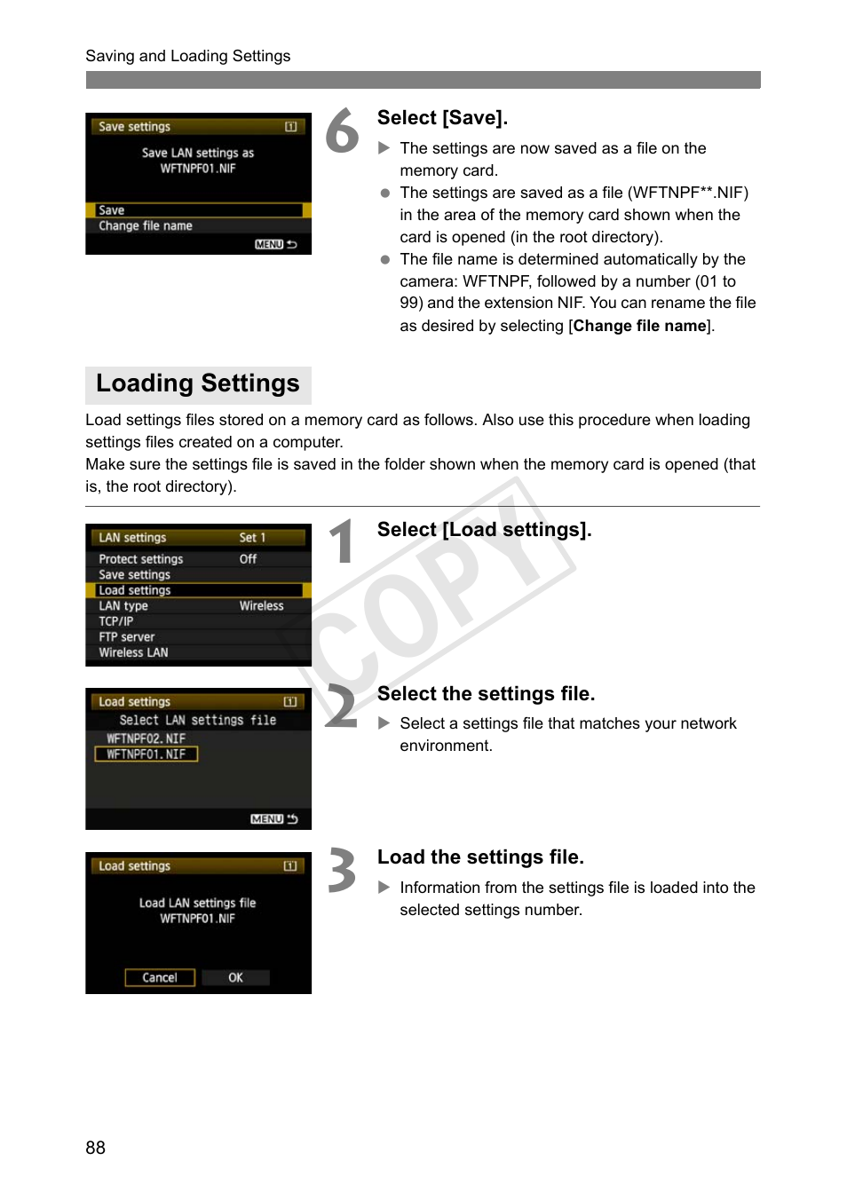 Loading settings, Cop y | Canon Wireless File Transmitter WFT-E7A User Manual | Page 88 / 126