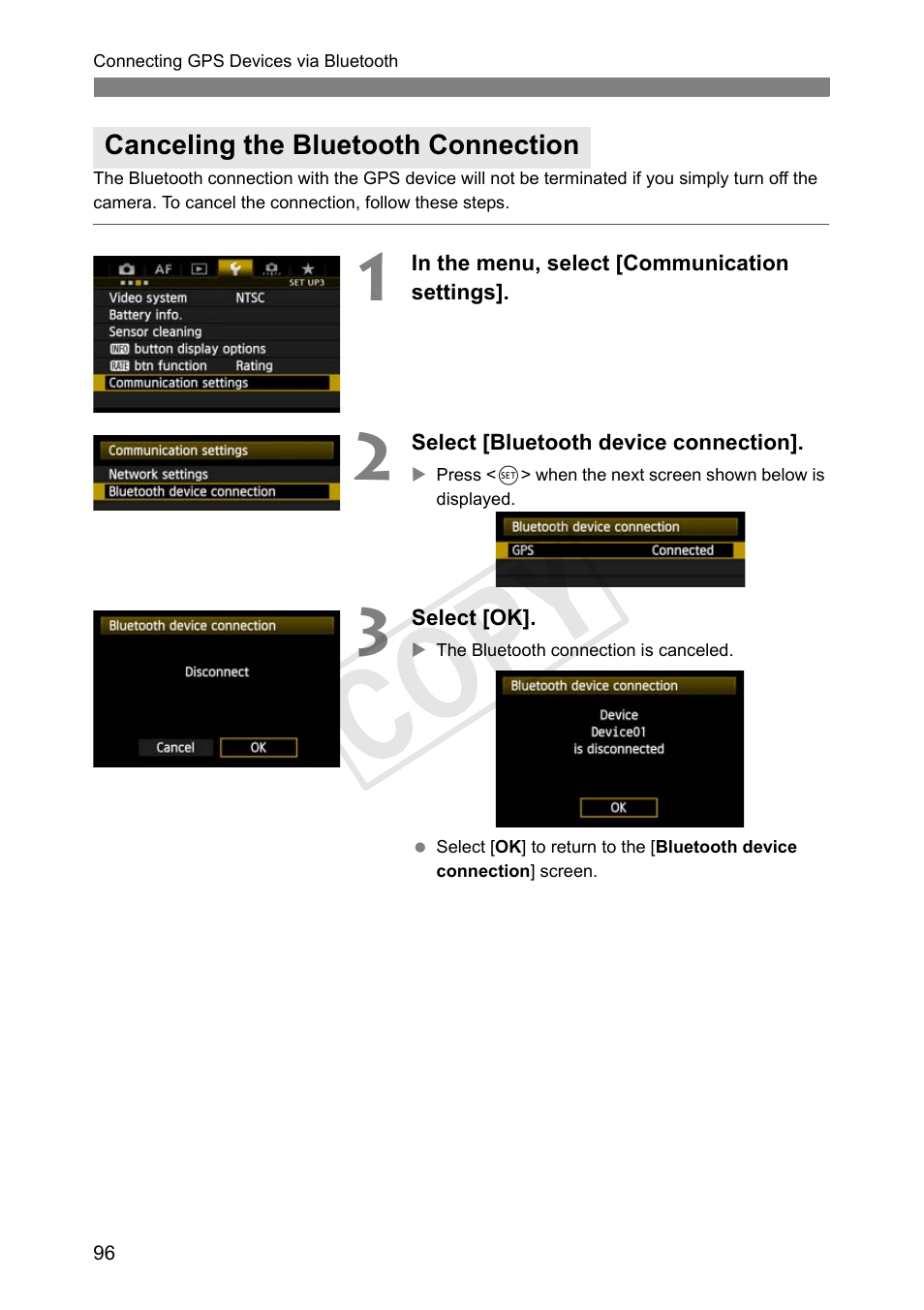 Canceling the bluetooth connection, Cop y | Canon Wireless File Transmitter WFT-E7A User Manual | Page 96 / 126