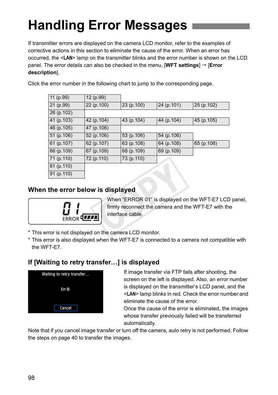 Handling error messages, Cop y | Canon Wireless File Transmitter WFT-E7A User Manual | Page 98 / 126