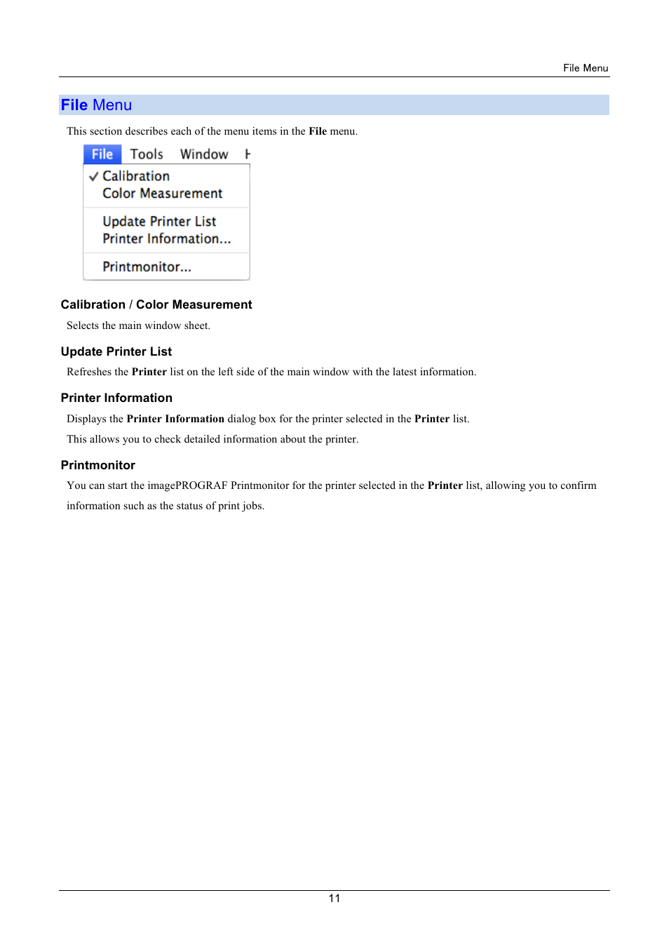 File menu, File menu (p.11 | Canon imagePROGRAF iPF8400 User Manual | Page 11 / 48