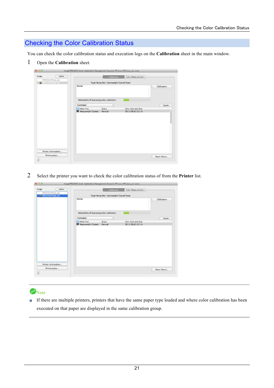 Checking the color calibration status | Canon imagePROGRAF iPF8400 User Manual | Page 21 / 48