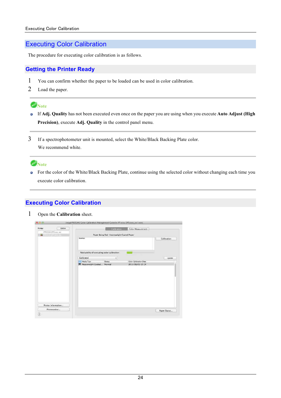 Executing color calibration, Executing color calibration (p.24 | Canon imagePROGRAF iPF8400 User Manual | Page 24 / 48