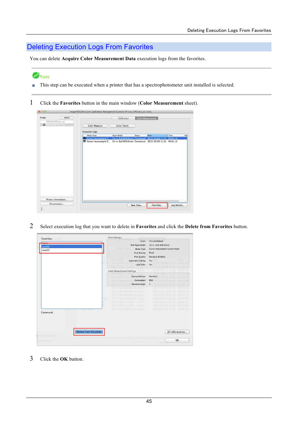 Deleting execution logs from favorites | Canon imagePROGRAF iPF8400 User Manual | Page 45 / 48