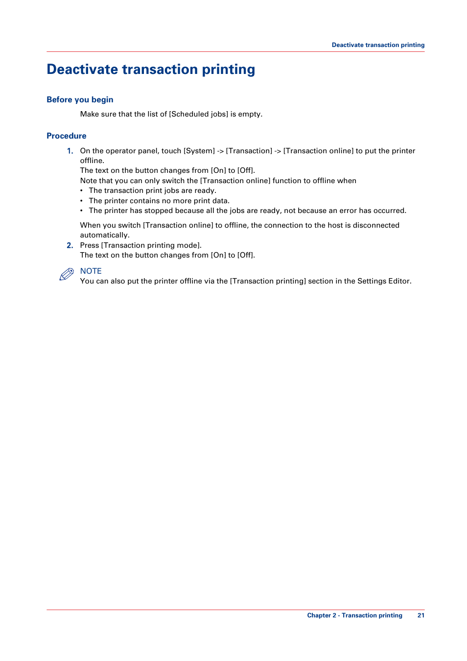 Deactivate transaction printing | Canon VarioPrint 6000+ Series User Manual | Page 21 / 44