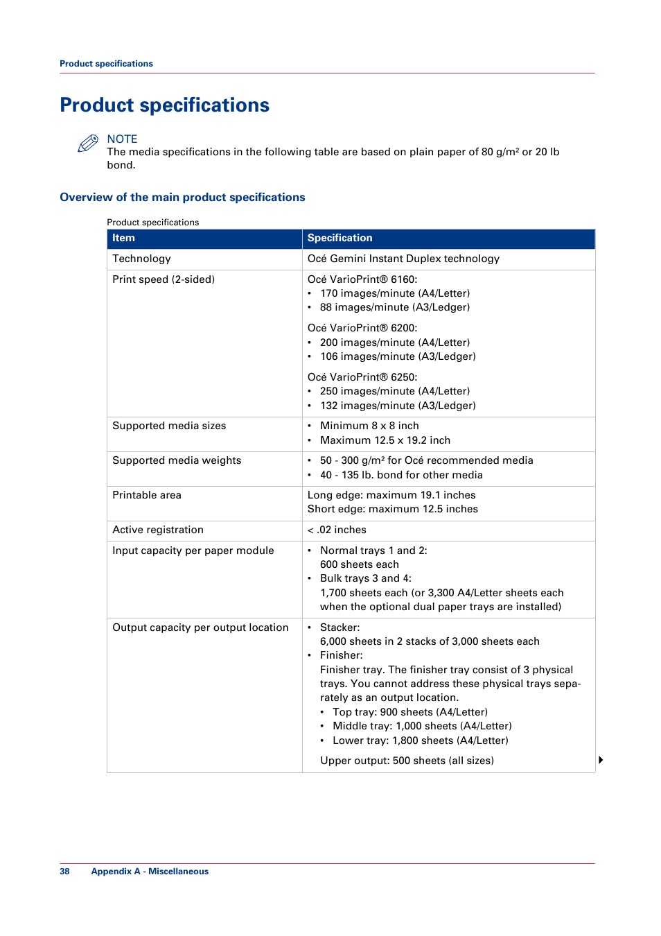 Product specifications | Canon VarioPrint 6000+ Series User Manual | Page 38 / 44