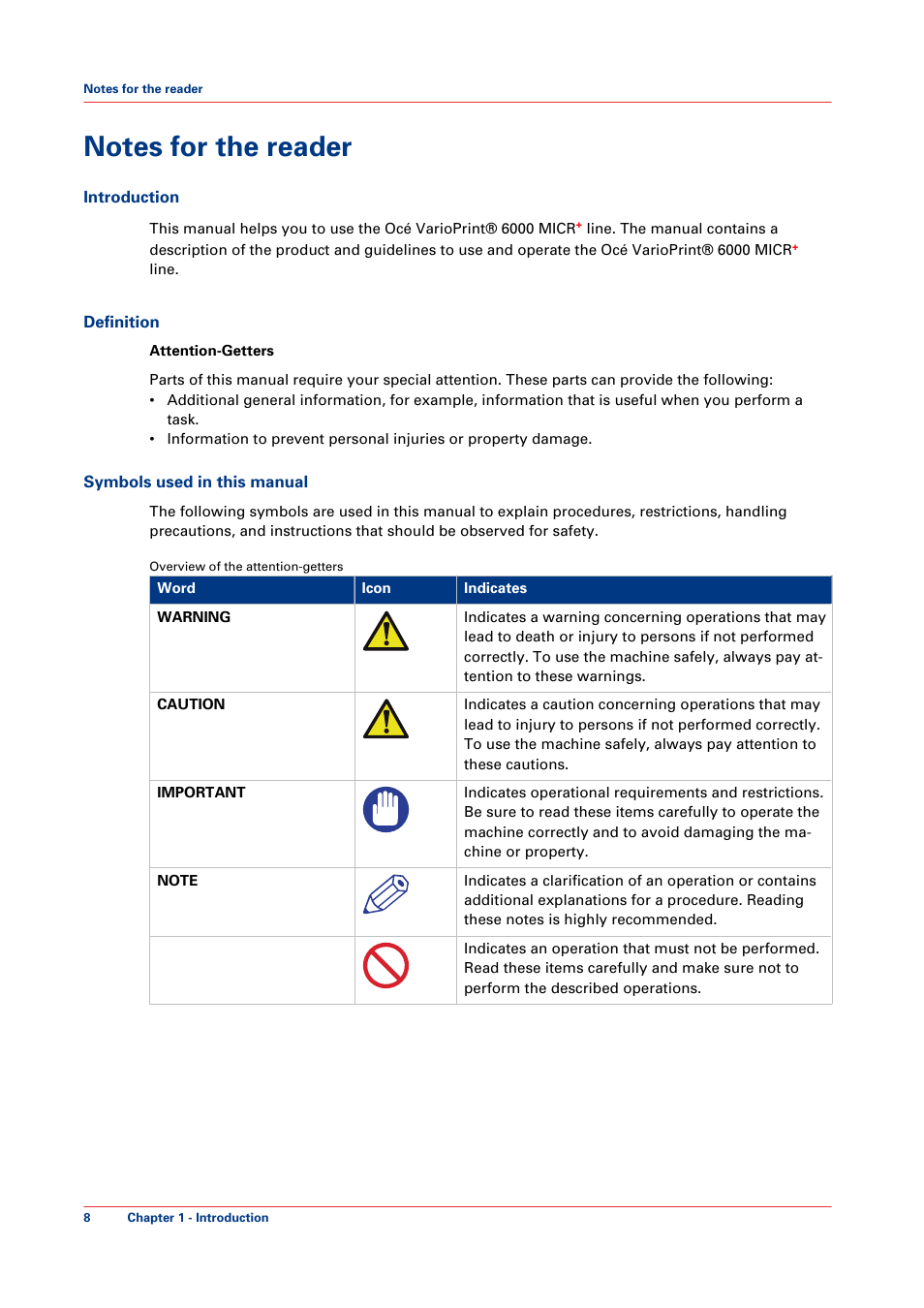 Notes for the reader | Canon VarioPrint 6000+ Series User Manual | Page 8 / 44
