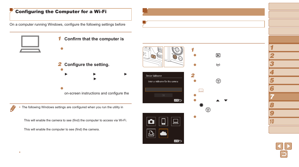 Accessing the wi-fi menu, Configuring the computer for a wi-fi connection, Windows only) | Initial connection via wi-fi, Note that before using wi-fi, You will need to register a camera, Access the wi-fi menu, Choose | Canon PowerShot G16 User Manual | Page 133 / 214