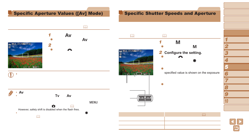 Specific aperture values, Av] mode), Specific shutter speeds and | Aperture values ([m] mode), Distance, Specific aperture values ([av] mode), Specific shutter speeds and aperture values, M] mode) | Canon PowerShot G16 User Manual | Page 93 / 214