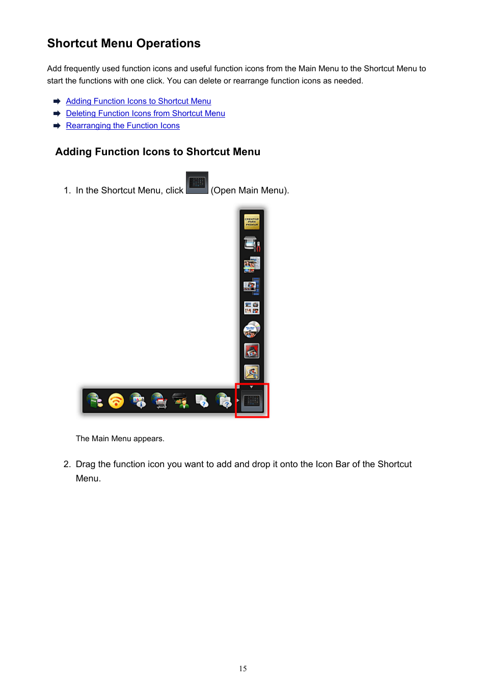 Shortcut menu operations | Canon PIXMA PRO-1 User Manual | Page 15 / 32