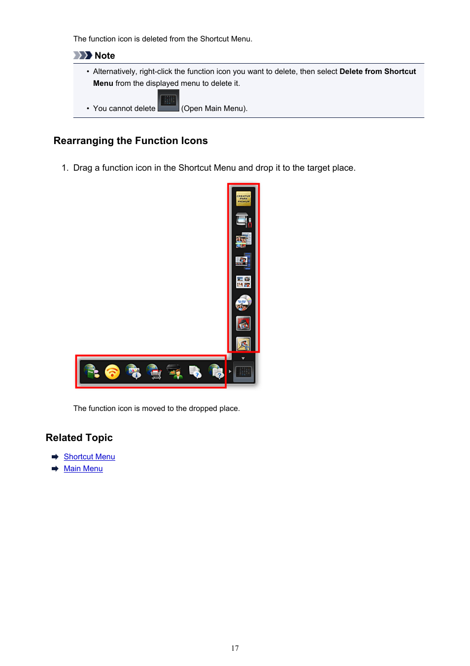 Rearranging the function icons, Related topic | Canon PIXMA PRO-1 User Manual | Page 17 / 32