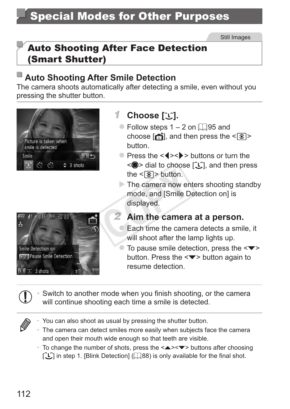 Special modes for other purposes, Special modes for other, Purposes | Cop y | Canon PowerShot G15 User Manual | Page 112 / 316