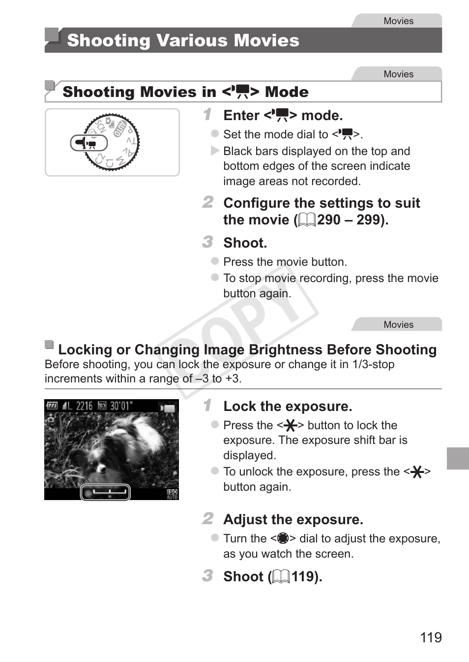 Shooting various movies, Cop y | Canon PowerShot G15 User Manual | Page 119 / 316