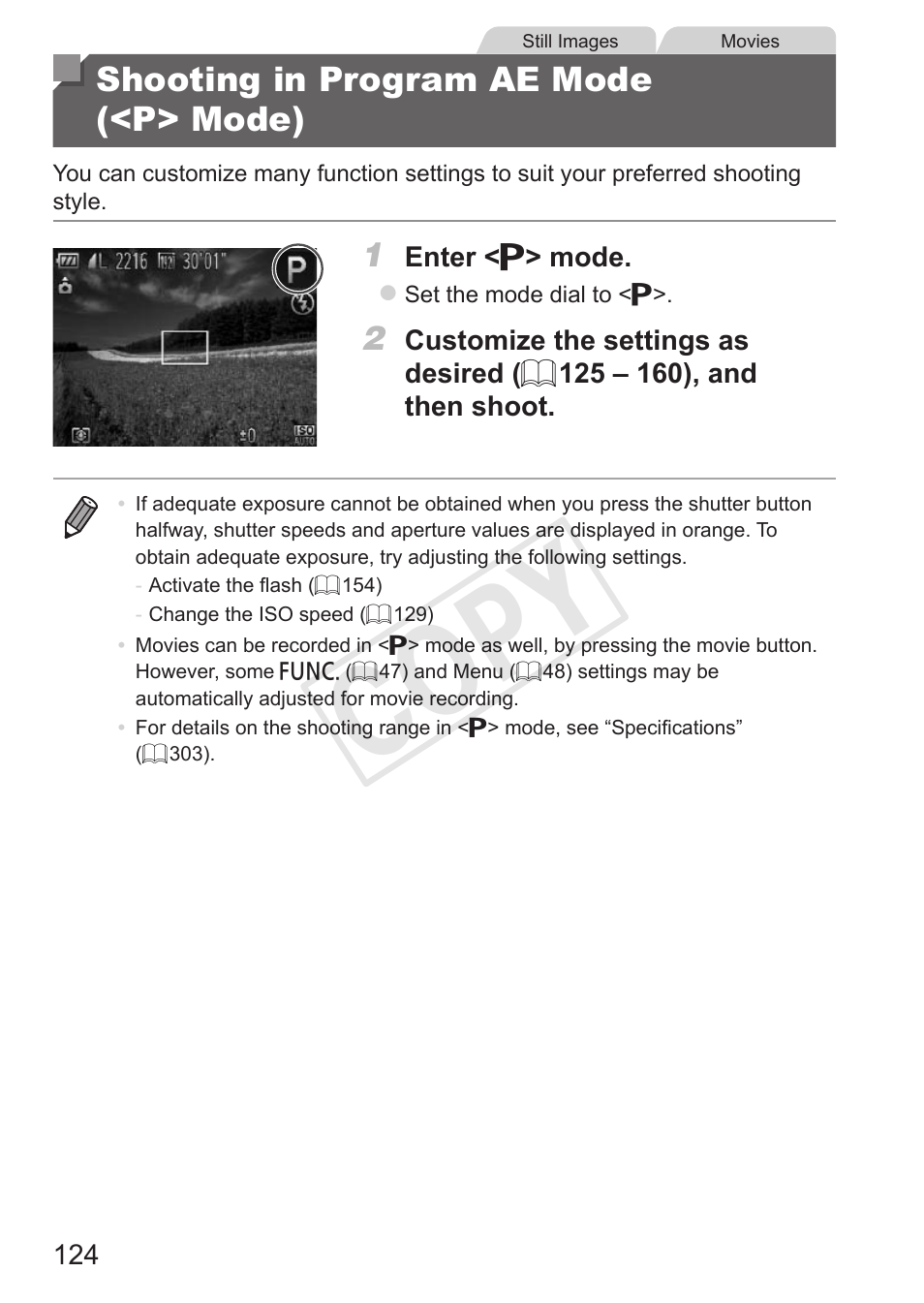 Shooting in program ae mode (<p> mode), Shooting in program ae mode, P> mode) | C op y | Canon PowerShot G15 User Manual | Page 124 / 316