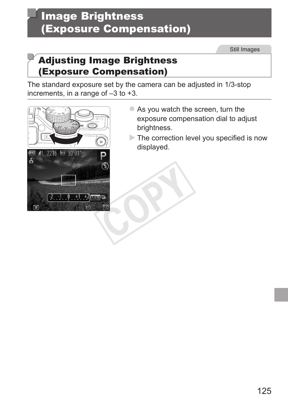 Image brightness (exposure compensation), Image brightness, Exposure compensation) | Cop y | Canon PowerShot G15 User Manual | Page 125 / 316