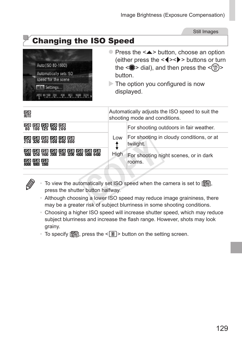 Cop y, Changing the iso speed | Canon PowerShot G15 User Manual | Page 129 / 316