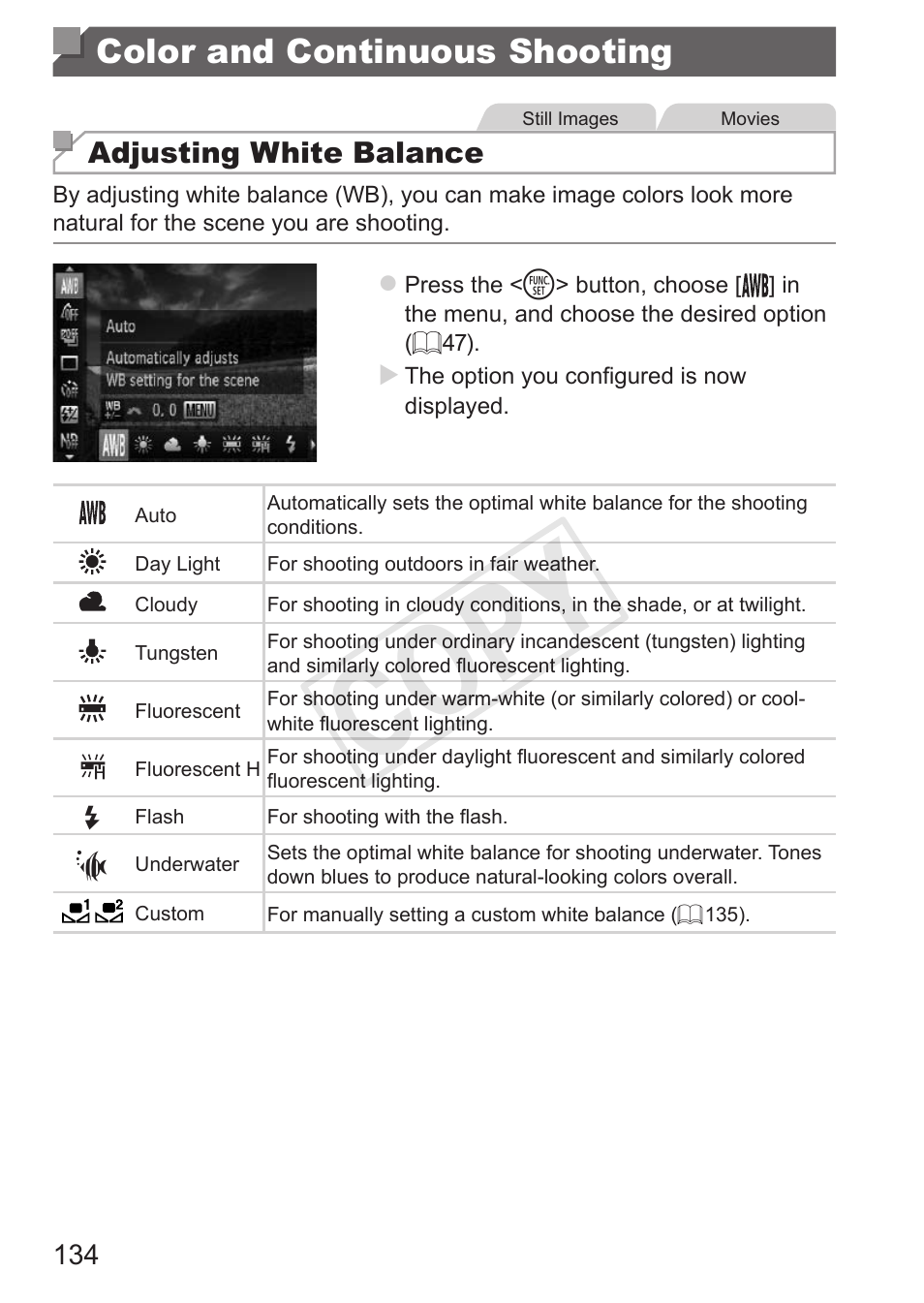 Color and continuous shooting, Color and continuous, Shooting | Cop y | Canon PowerShot G15 User Manual | Page 134 / 316