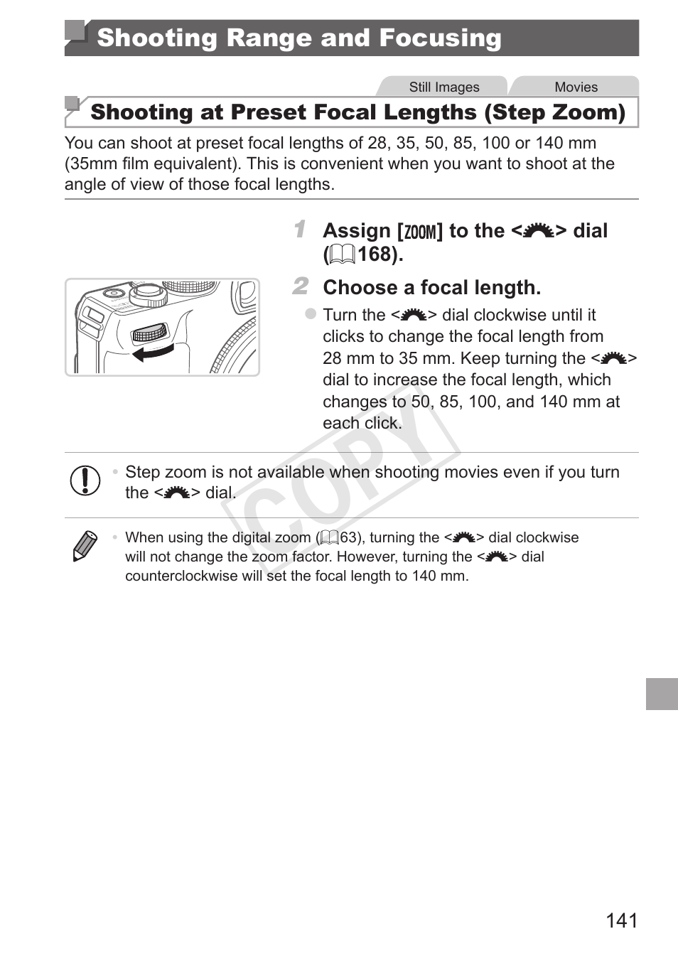 Shooting range and focusing, Shooting range and, Focusing | Cop y | Canon PowerShot G15 User Manual | Page 141 / 316