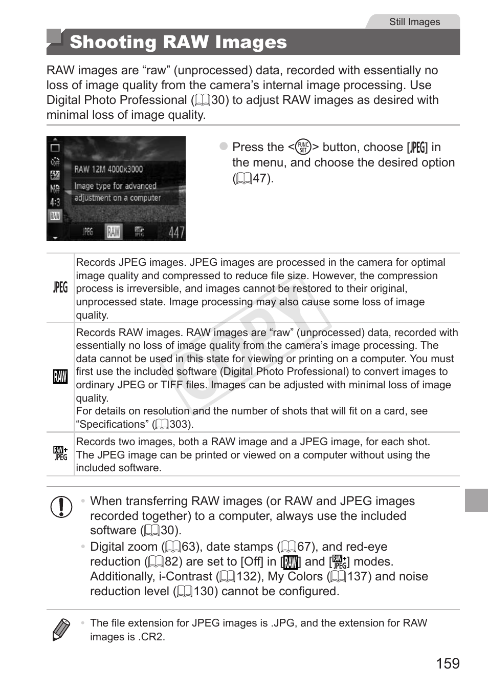 Shooting raw images, Cop y | Canon PowerShot G15 User Manual | Page 159 / 316