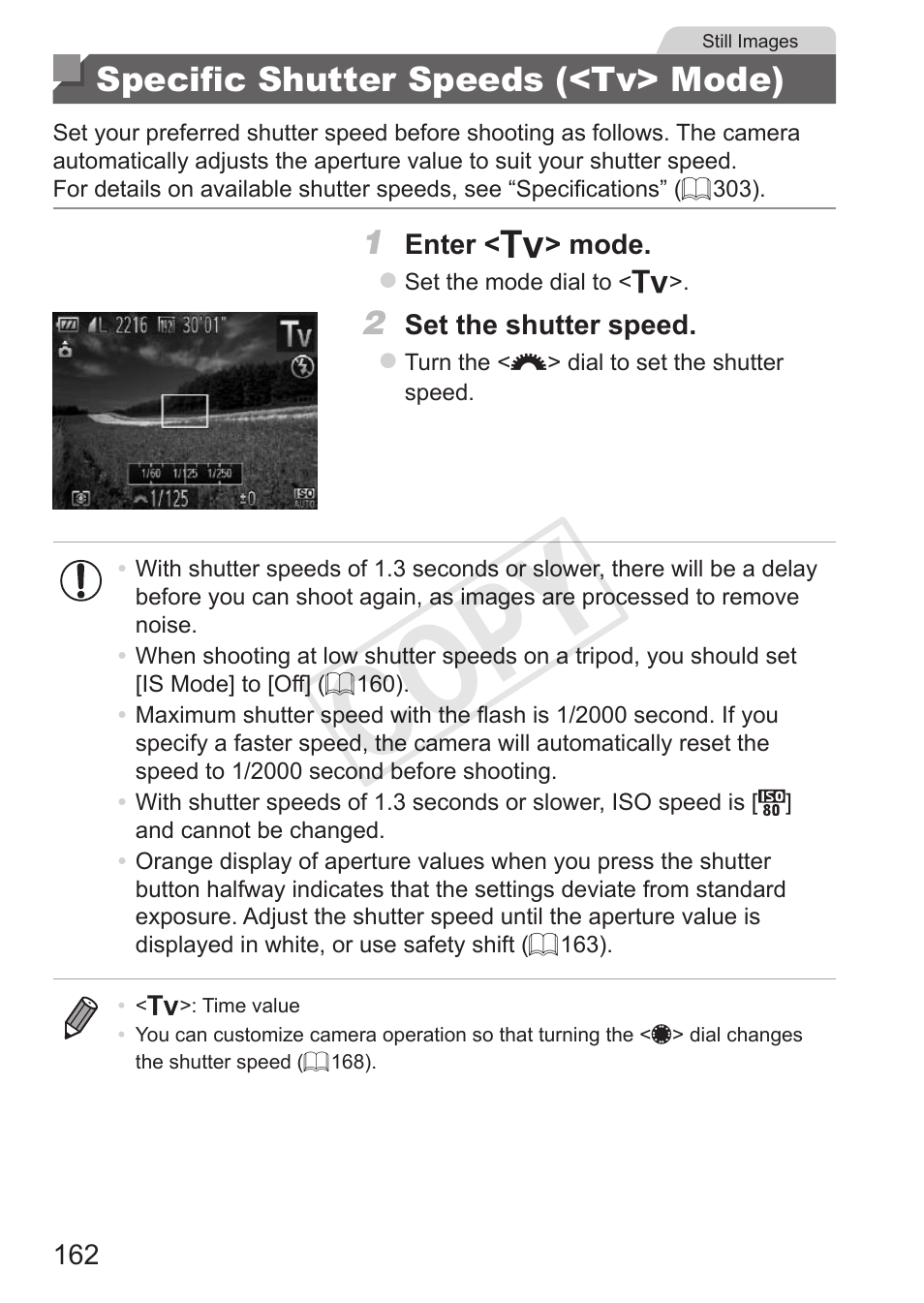 Specific shutter speeds (<tv> mode), Specific shutter speeds, Tv> mode) | Cop y | Canon PowerShot G15 User Manual | Page 162 / 316
