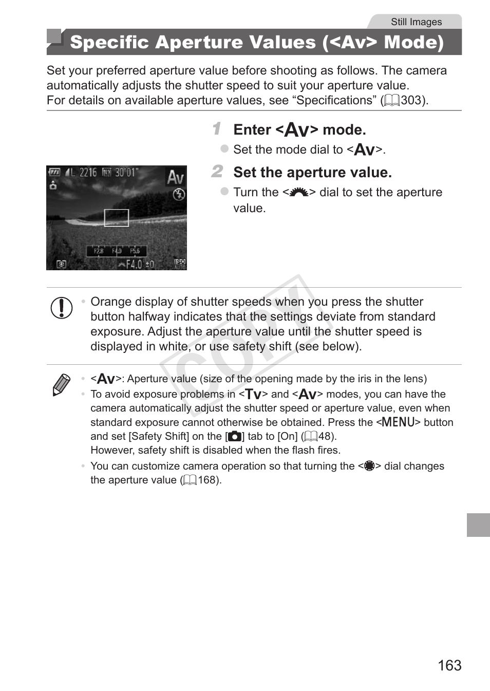 Specific aperture values (<av> mode), Specific aperture values, Av> mode) | Cop y | Canon PowerShot G15 User Manual | Page 163 / 316