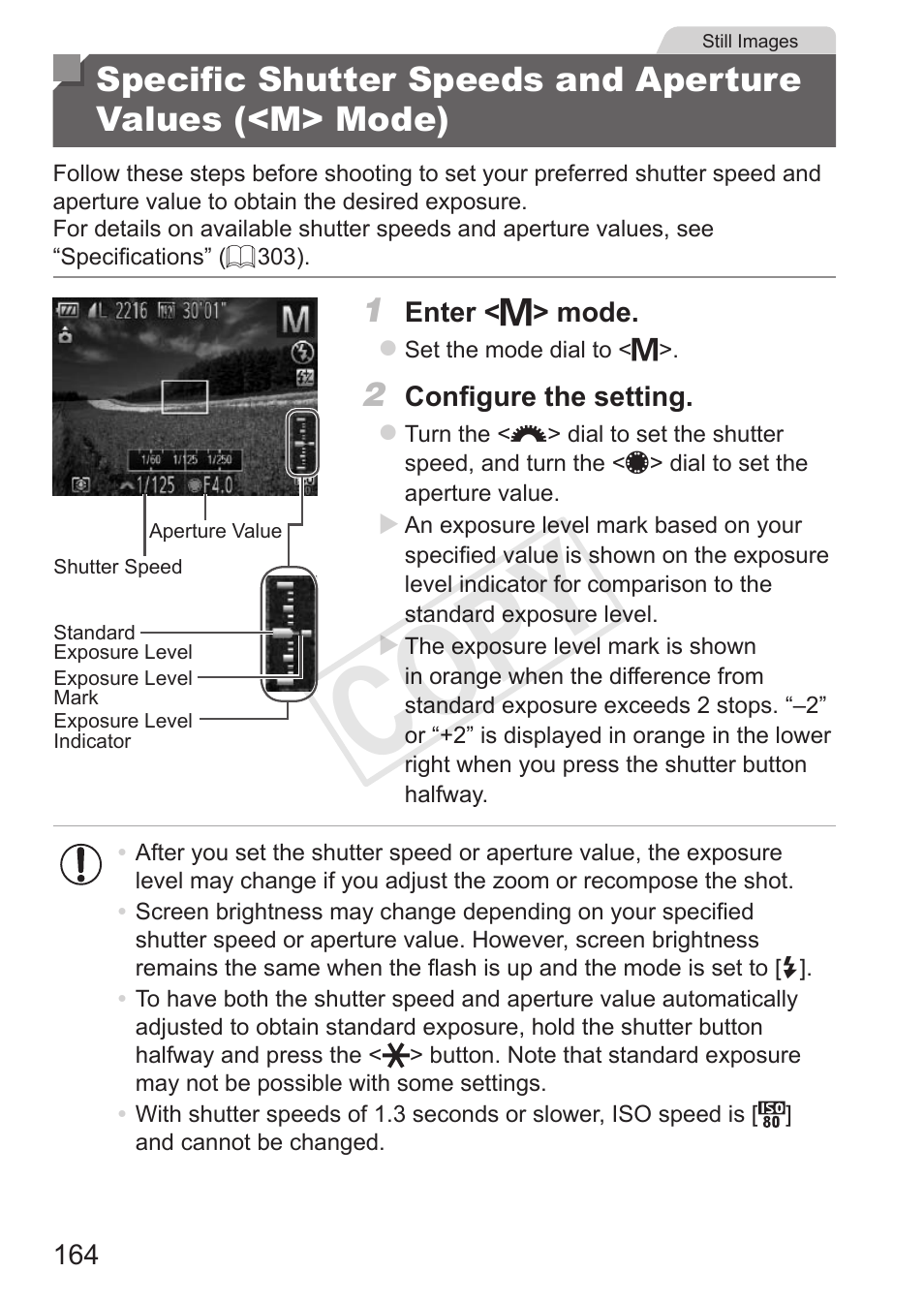 Specific shutter speeds and, Aperture values (<m> mode), Cop y | Canon PowerShot G15 User Manual | Page 164 / 316
