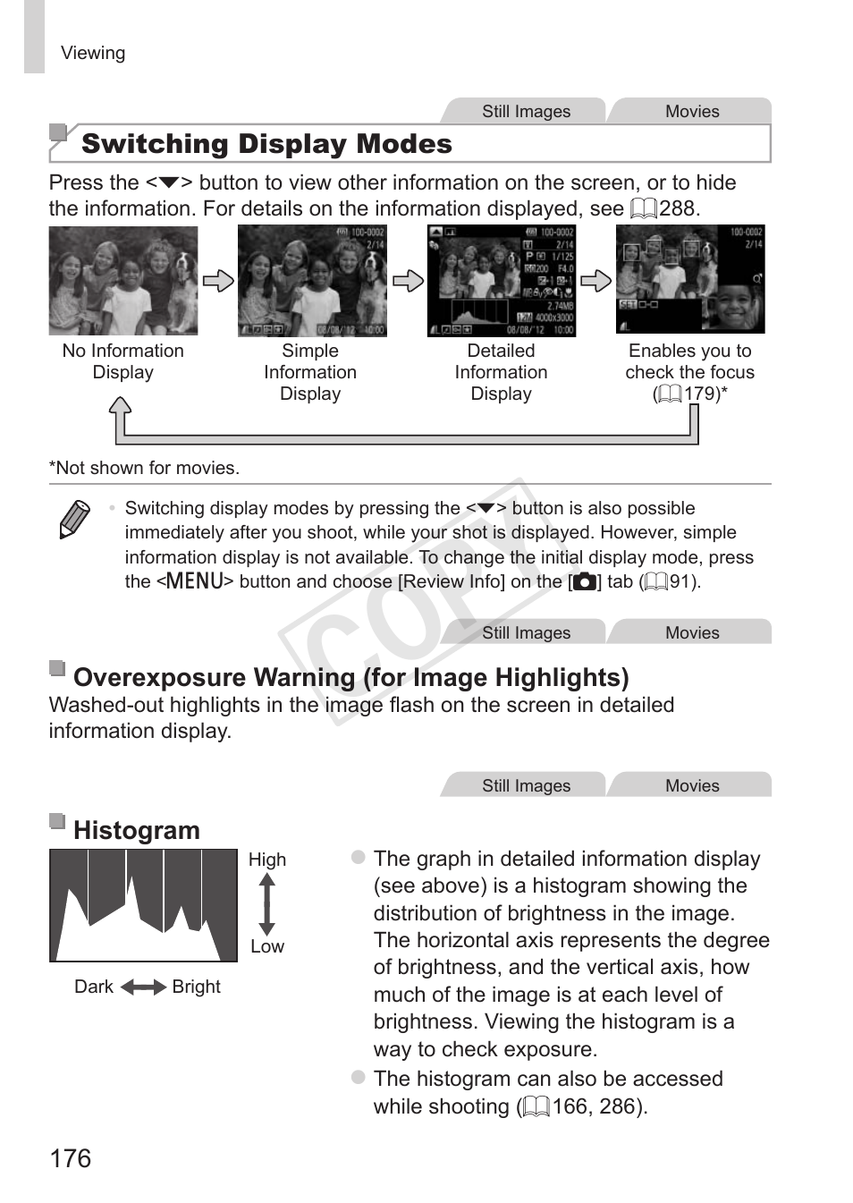 Cop y, Switching display modes | Canon PowerShot G15 User Manual | Page 176 / 316