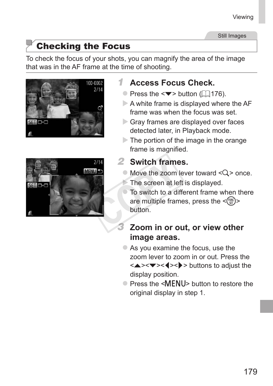 Checking the focus, Cop y | Canon PowerShot G15 User Manual | Page 179 / 316
