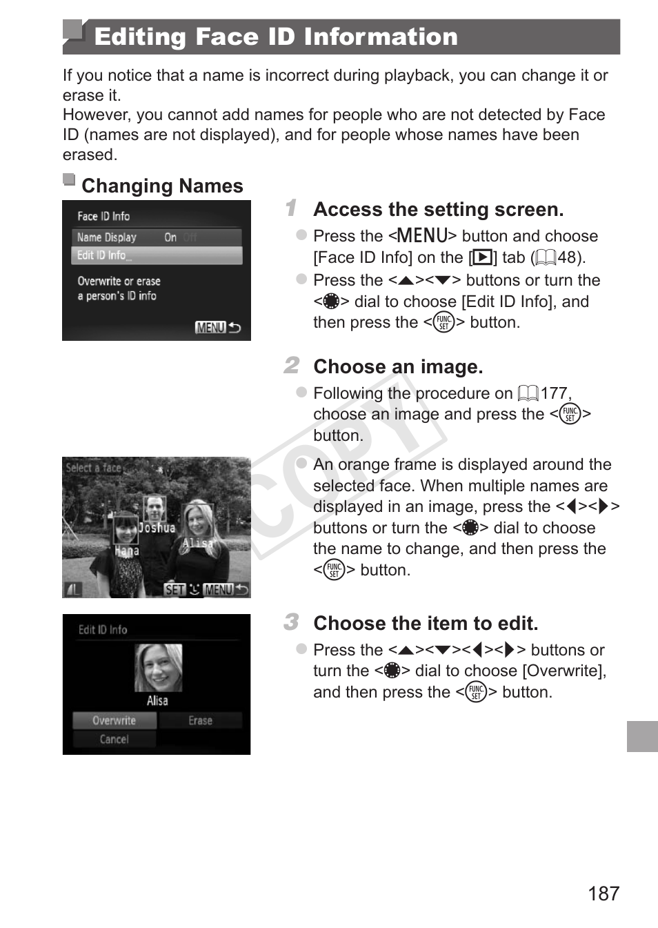 Editing face id information, Cop y | Canon PowerShot G15 User Manual | Page 187 / 316