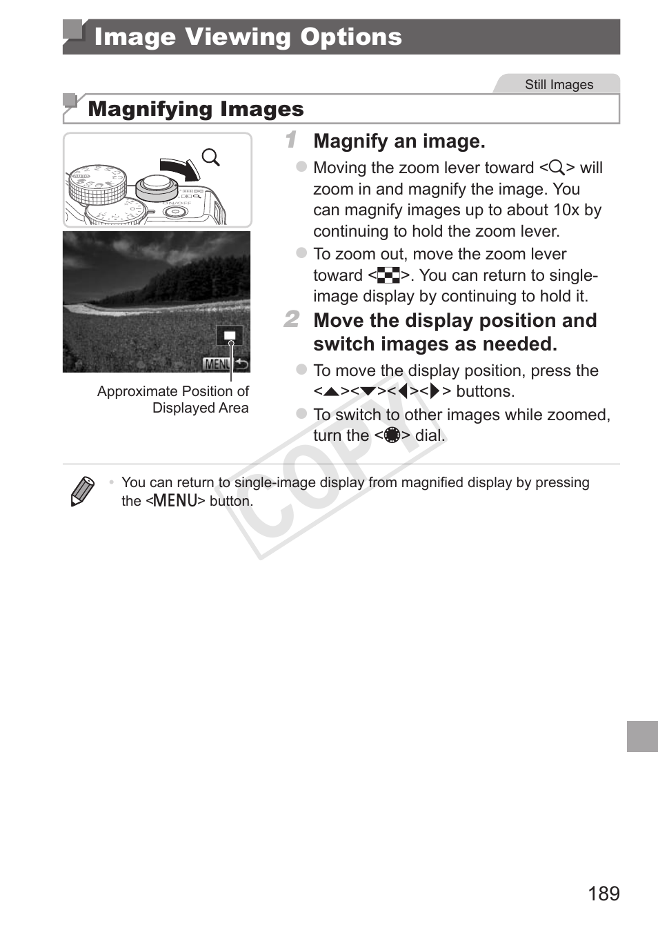 Image viewing options, Magnifying images, Cop y | Canon PowerShot G15 User Manual | Page 189 / 316
