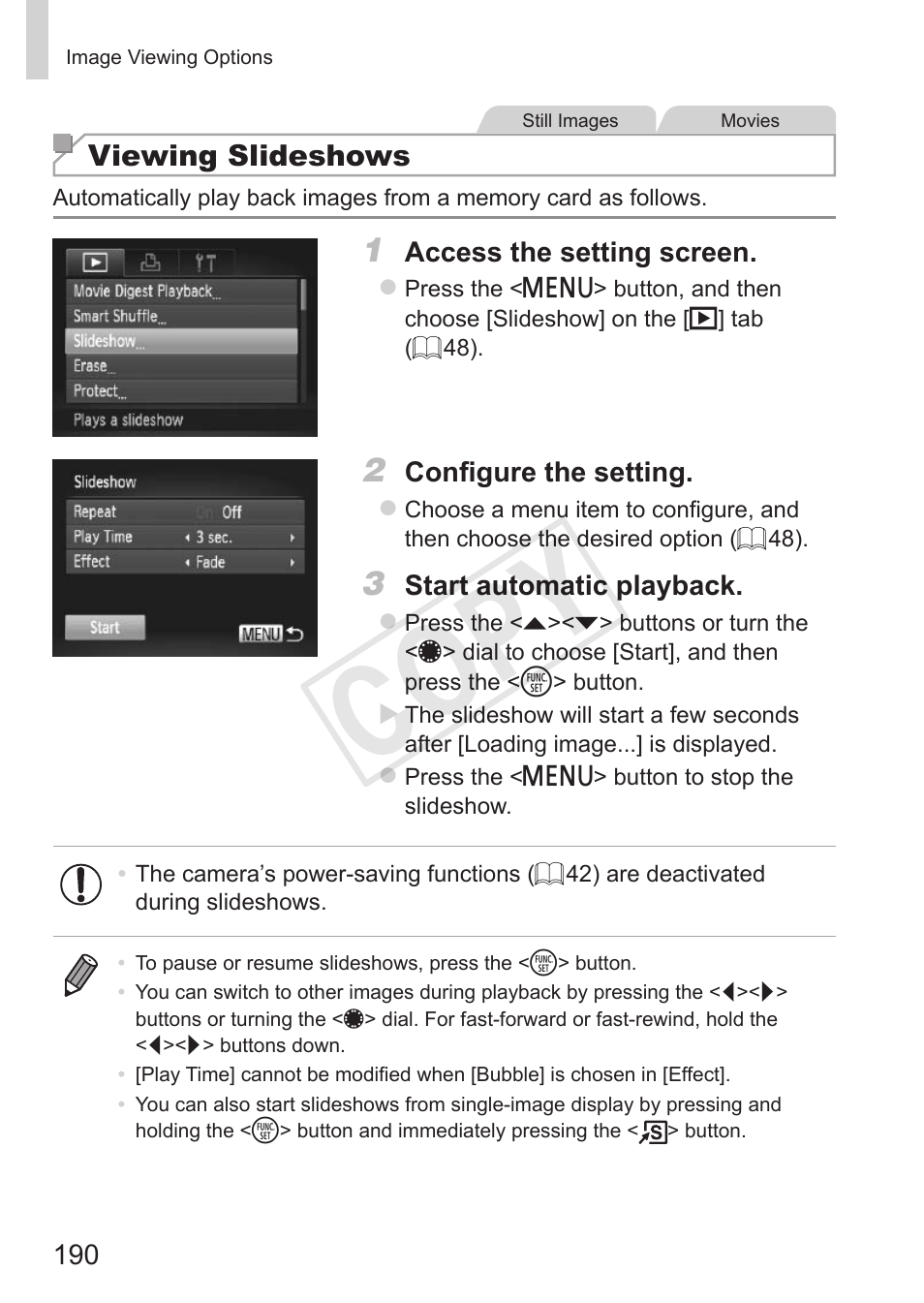 Viewing slideshows” (= 190), Cop y | Canon PowerShot G15 User Manual | Page 190 / 316