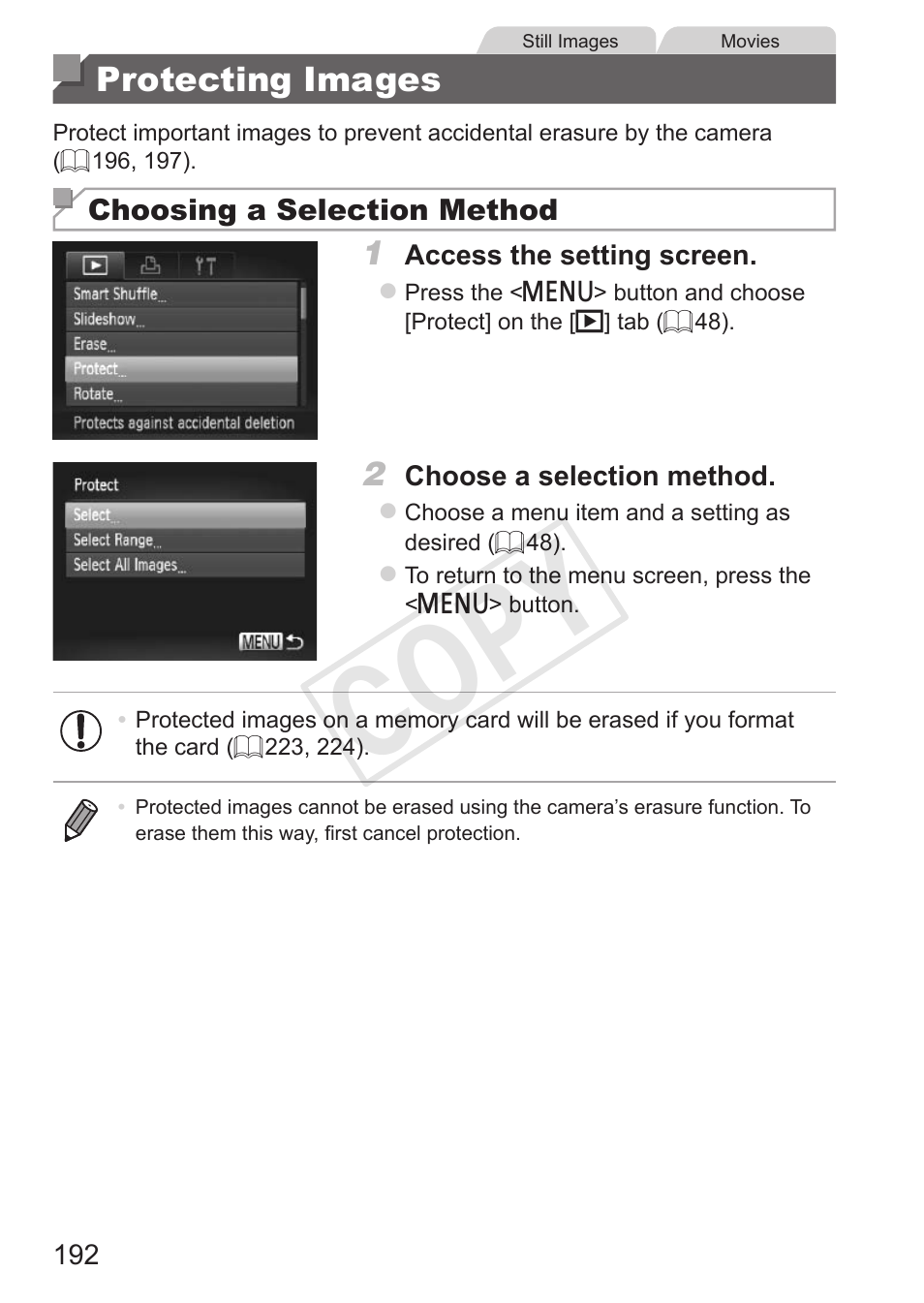 Protecting images, Cop y | Canon PowerShot G15 User Manual | Page 192 / 316