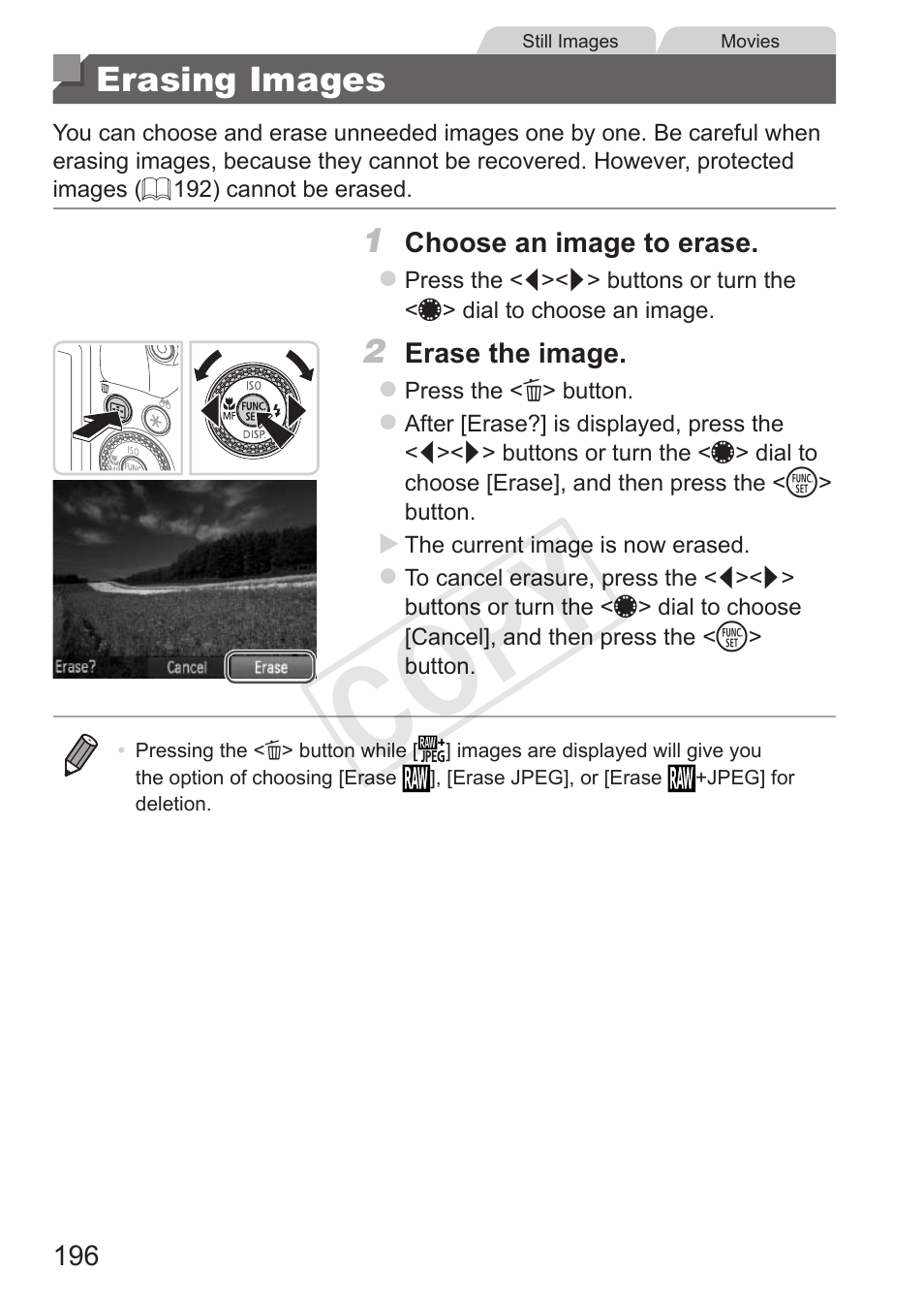 Erasing images, Cop y | Canon PowerShot G15 User Manual | Page 196 / 316